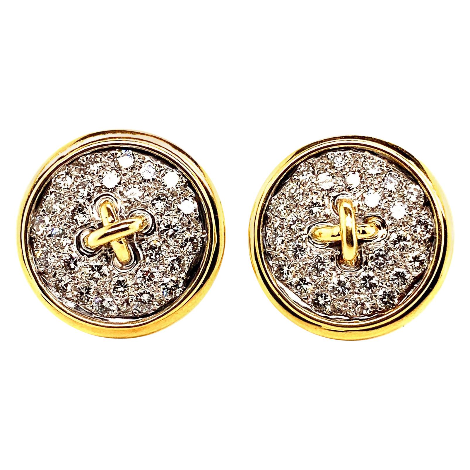 18 Karat Gold Diamond Button Motif Earrings