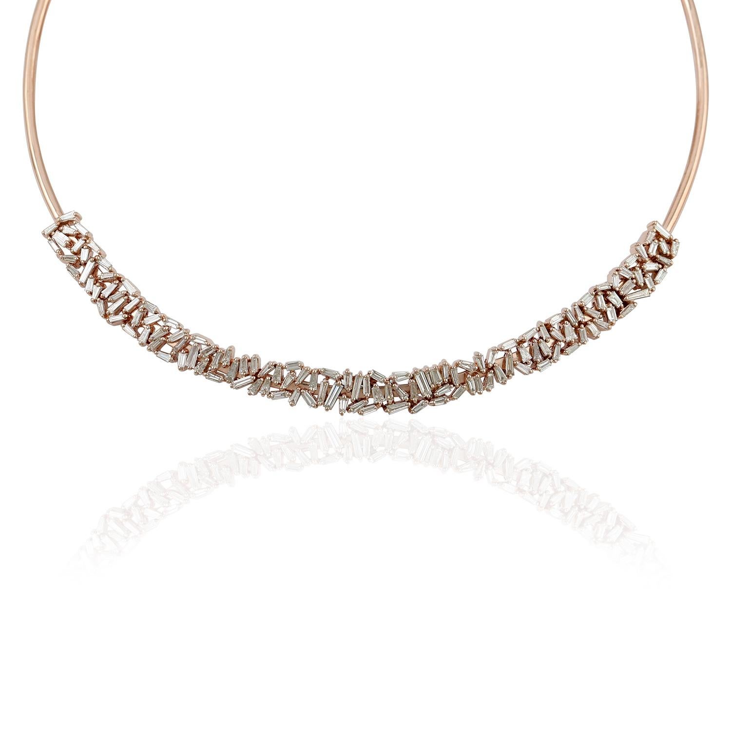 Cast in 18 karat gold, this stunning choker necklace is hand set in 5.15 carats baguette cut diamonds. Also available in yellow and white gold.

FOLLOW  MEGHNA JEWELS storefront to view the latest collection & exclusive pieces.  Meghna Jewels is