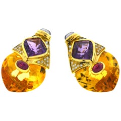 18 Karat Gold Diamond Citrine Amethyst and Sapphire Cabochon Clip Earrings