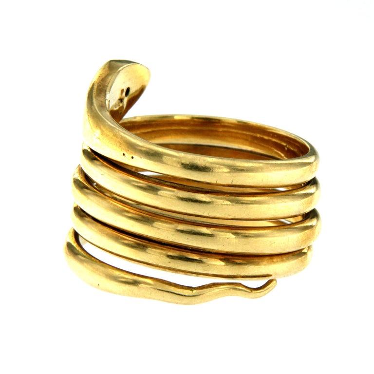 18 Karat Gold Diamond Coiled Snake Ring at 1stDibs