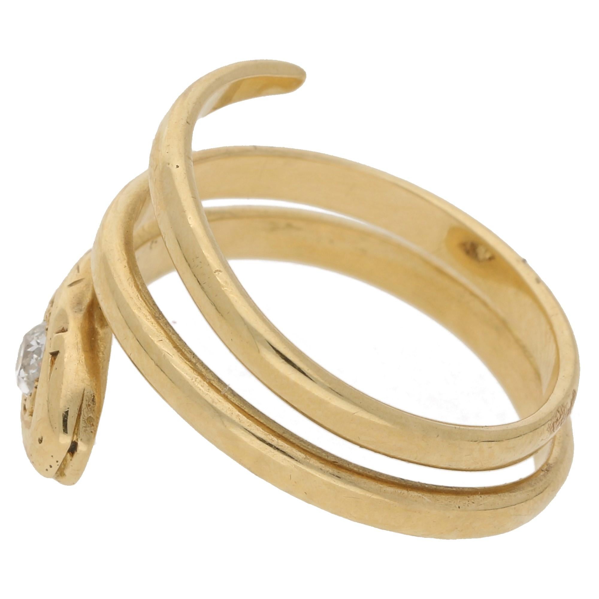 Diamond Coiled Snake Ring Set in 18 Karat Yellow Gold  In Good Condition In London, GB