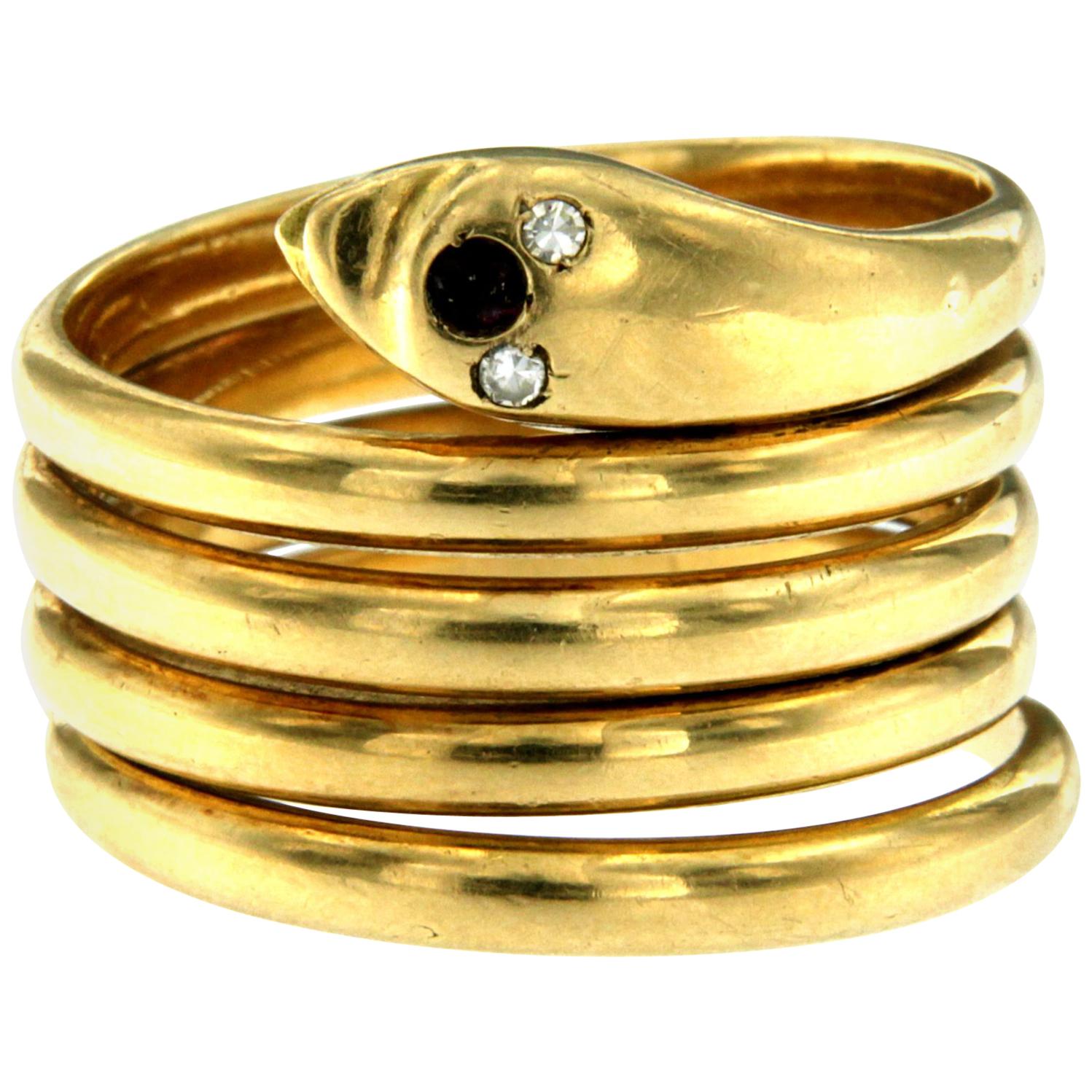 18 Karat Gold Diamond Coiled Snake Ring