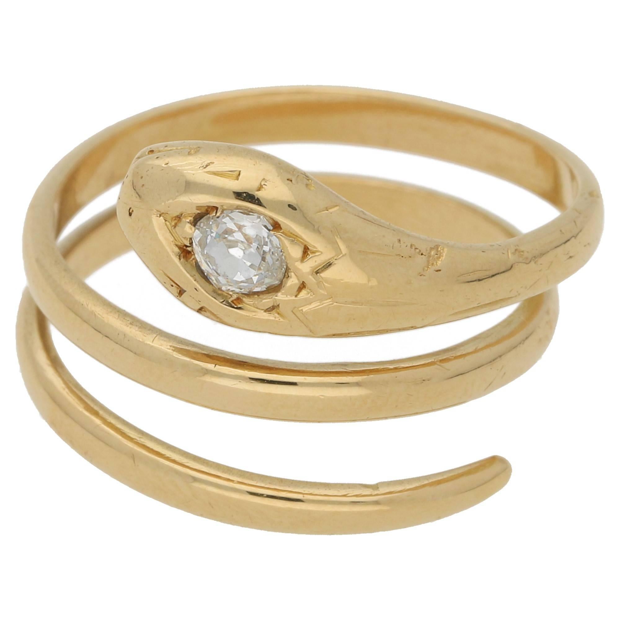Diamond Coiled Snake Ring Set in 18 Karat Yellow Gold 