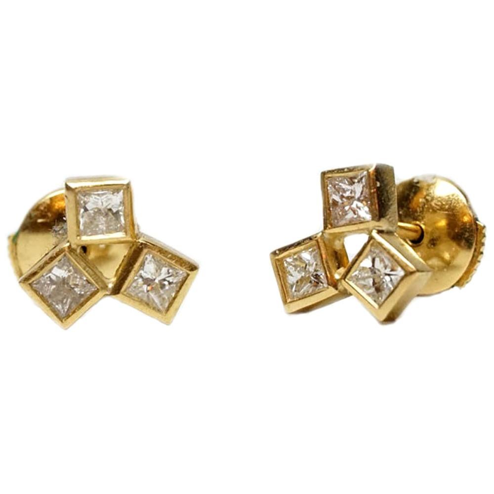 18 Karat Gold Diamond Earrings, Cluster Stud Earrings