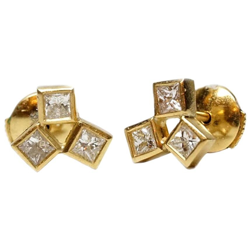 18 Karat Gold Diamond Earrings, Cluster Stud Earrings