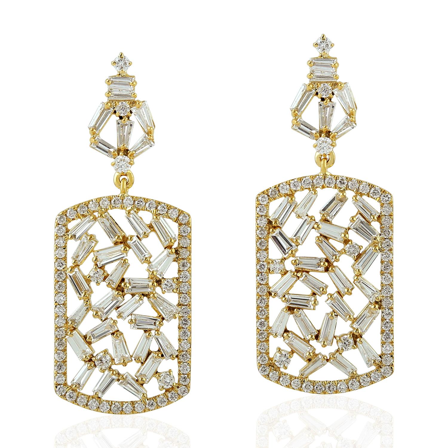 Baguette Cut 18 Karat Gold Diamond Earrings For Sale