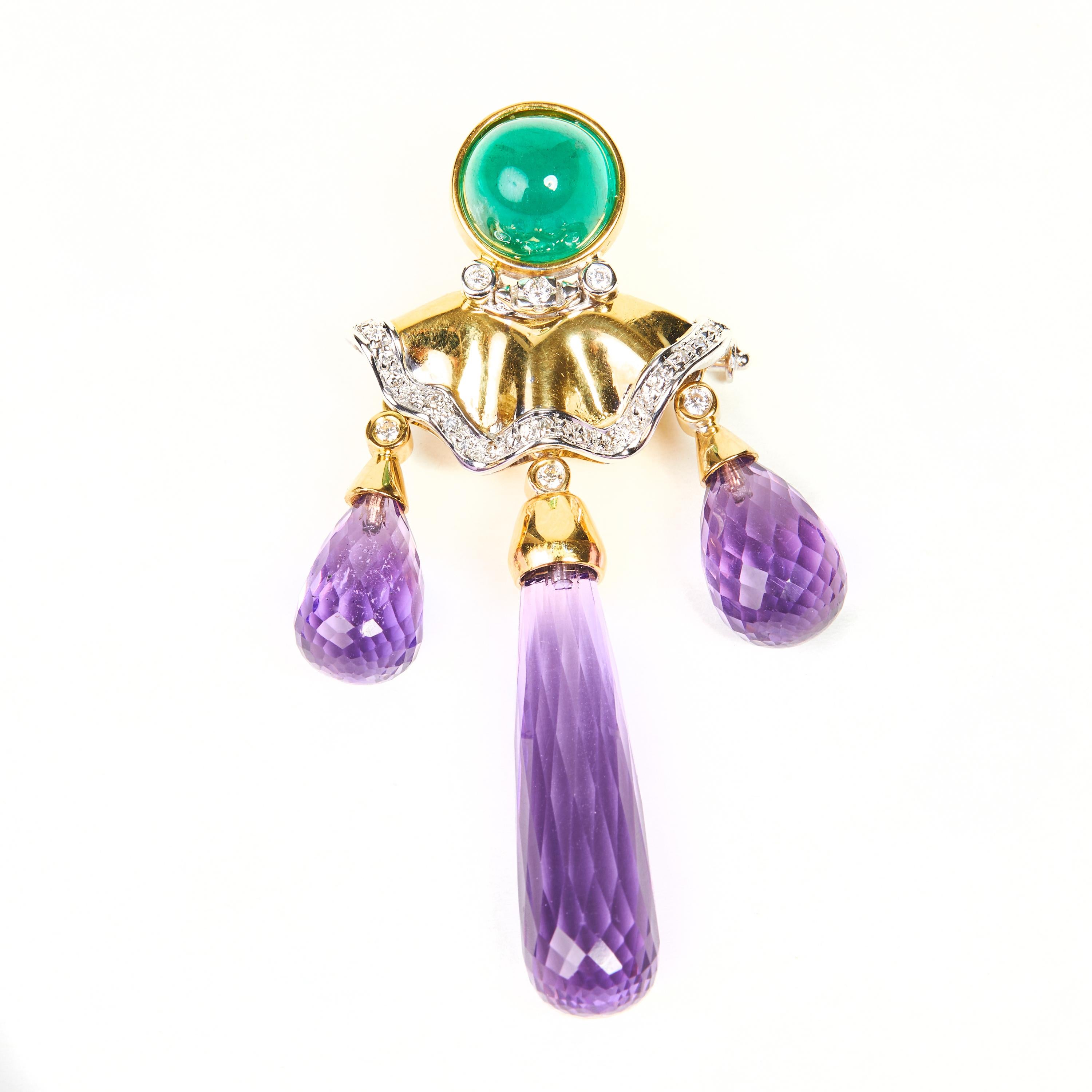18 Karat  Gold Diamond, Emerald,Amethyst  Brooch-Pendant


30 Diamonds 0.37 Carat
1 Emerald Cab. 4.34 Carat
3 Amethyst Briolette  21.02 Carat



Founded in 1974, Gianni Lazzaro is a family-owned jewelery company based out of Düsseldorf,