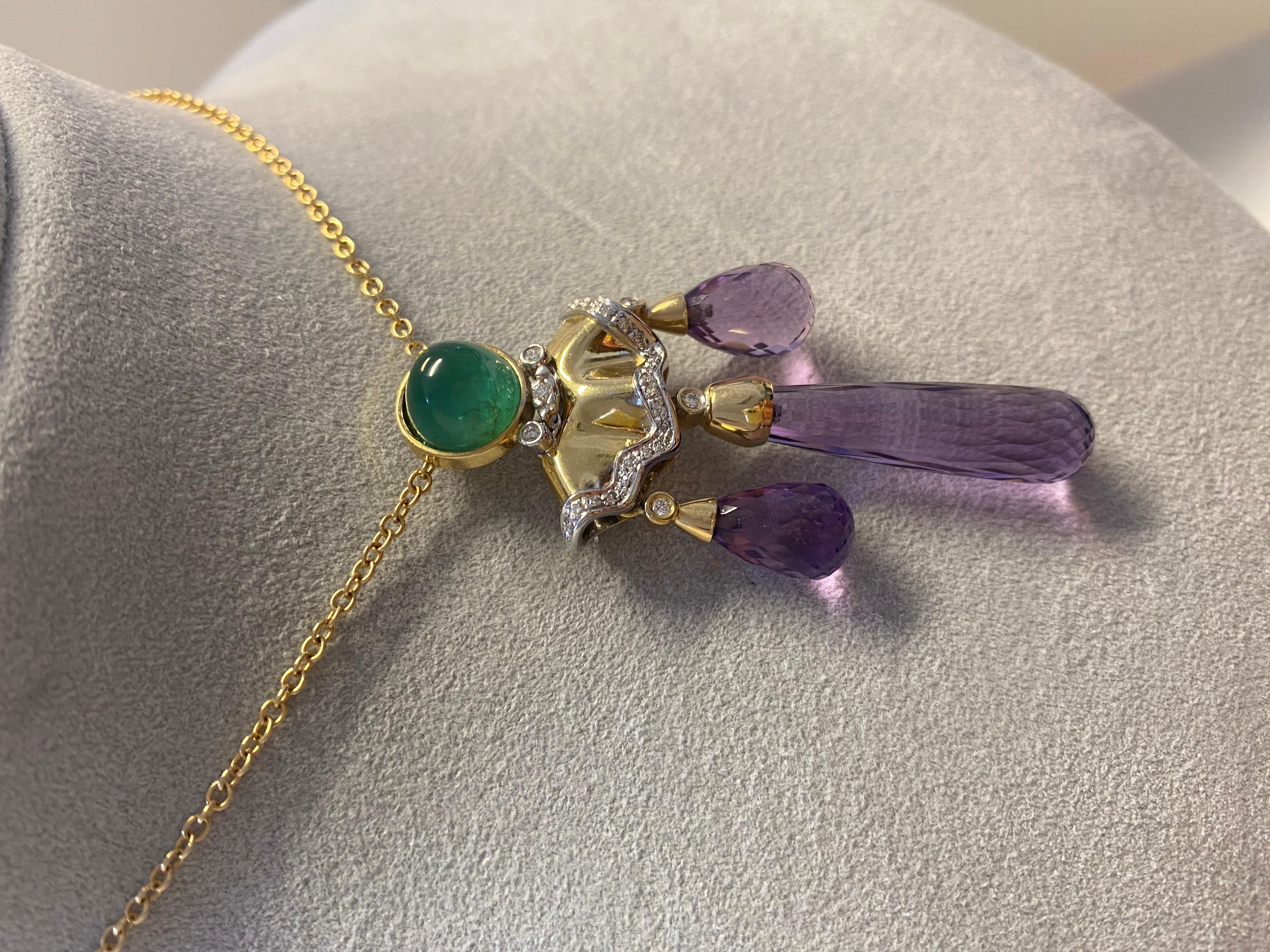 Women's or Men's 18 Karat Gold Diamond, Emerald, Amethyst Brooch-Pendant For Sale
