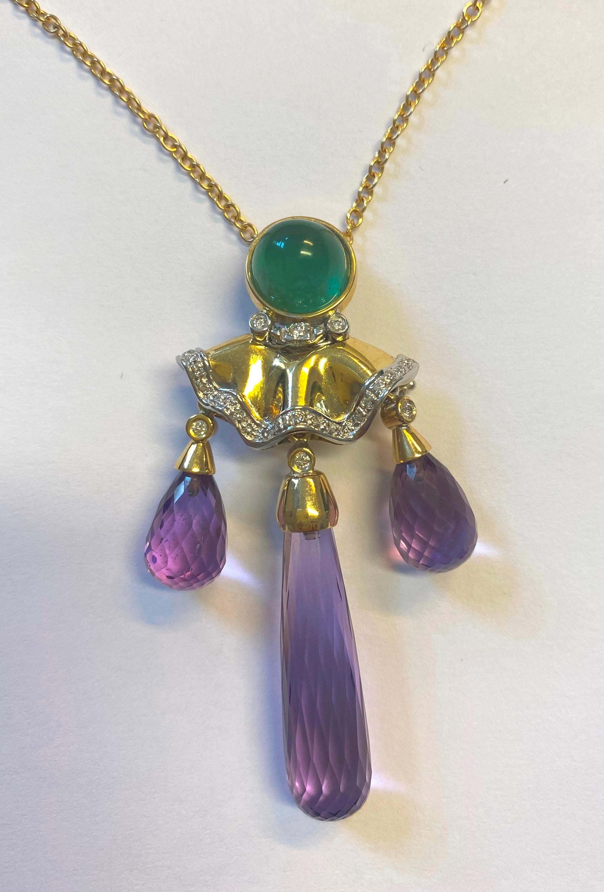 18 Karat Gold Diamond, Emerald, Amethyst Brooch-Pendant For Sale 1