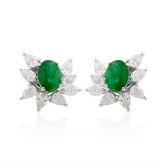 14 Karat Gold Diamond Emerald Cluster Stud Earrings