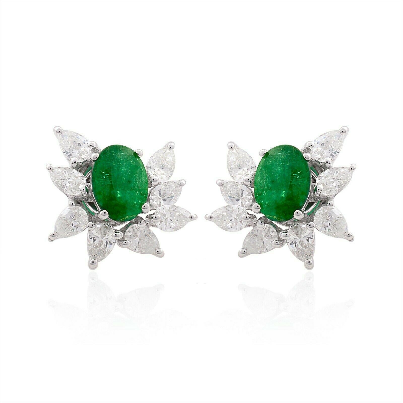 Modern 14 Karat Gold Diamond Emerald Cluster Stud Earrings For Sale