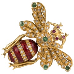 18 Karat Gold Diamond Emerald Ruby Bee Pin Brooch Pendant