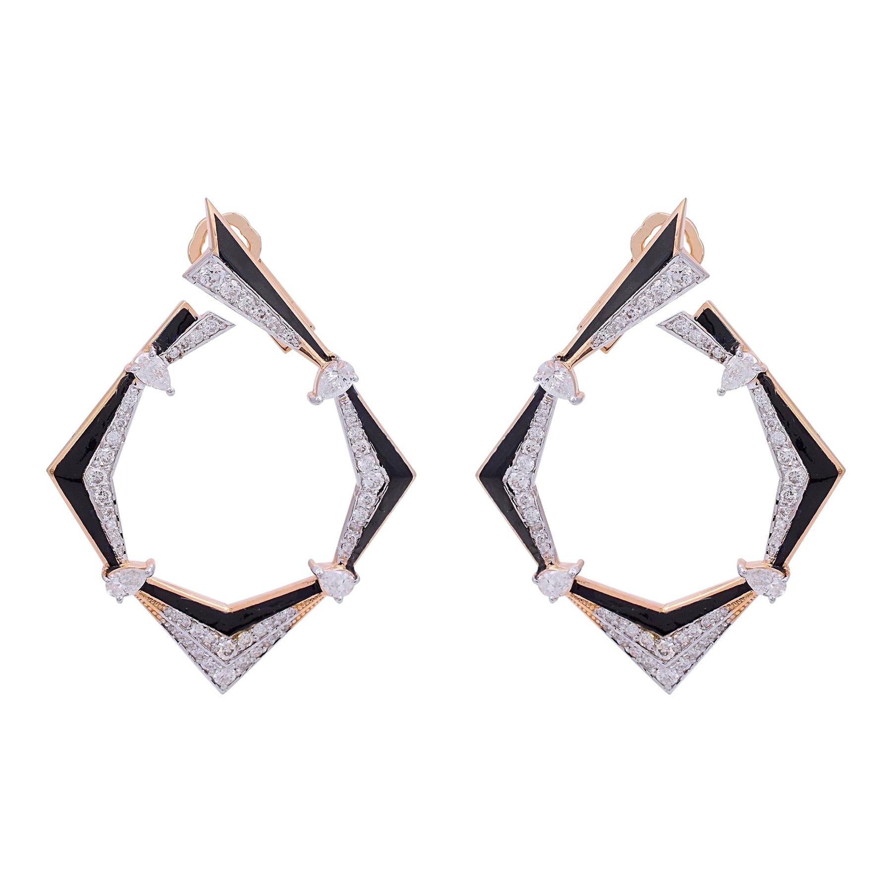 18 Karat Gold Diamond Enamel Abstract Earrings For Sale