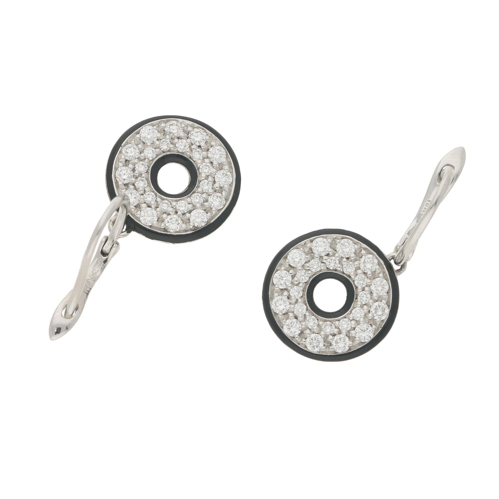 18 Karat Gold Diamond Enamel Circle Drop Earrings In New Condition In London, GB