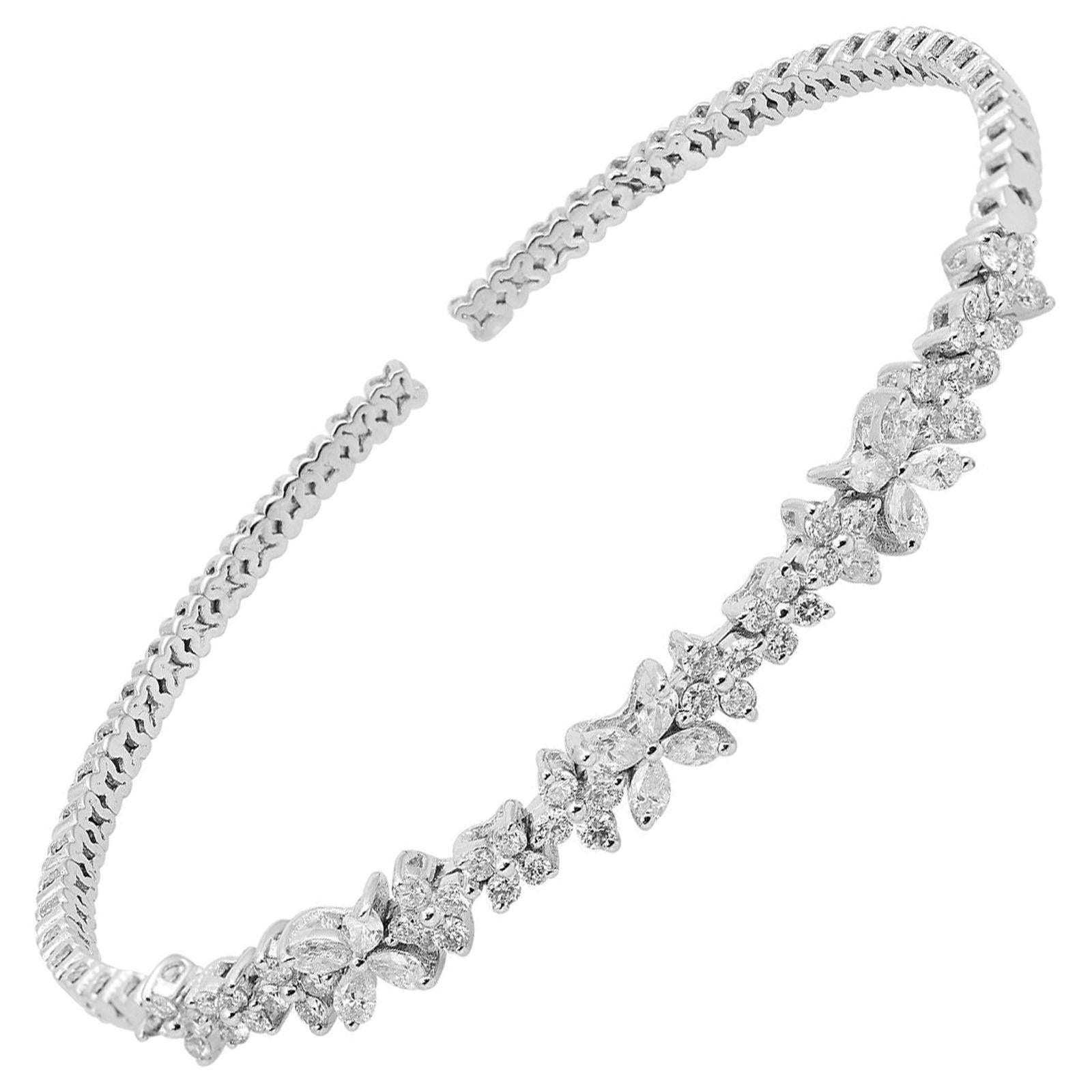 14 Karat Gold Diamond Floral Cuff Bangle Bracelet