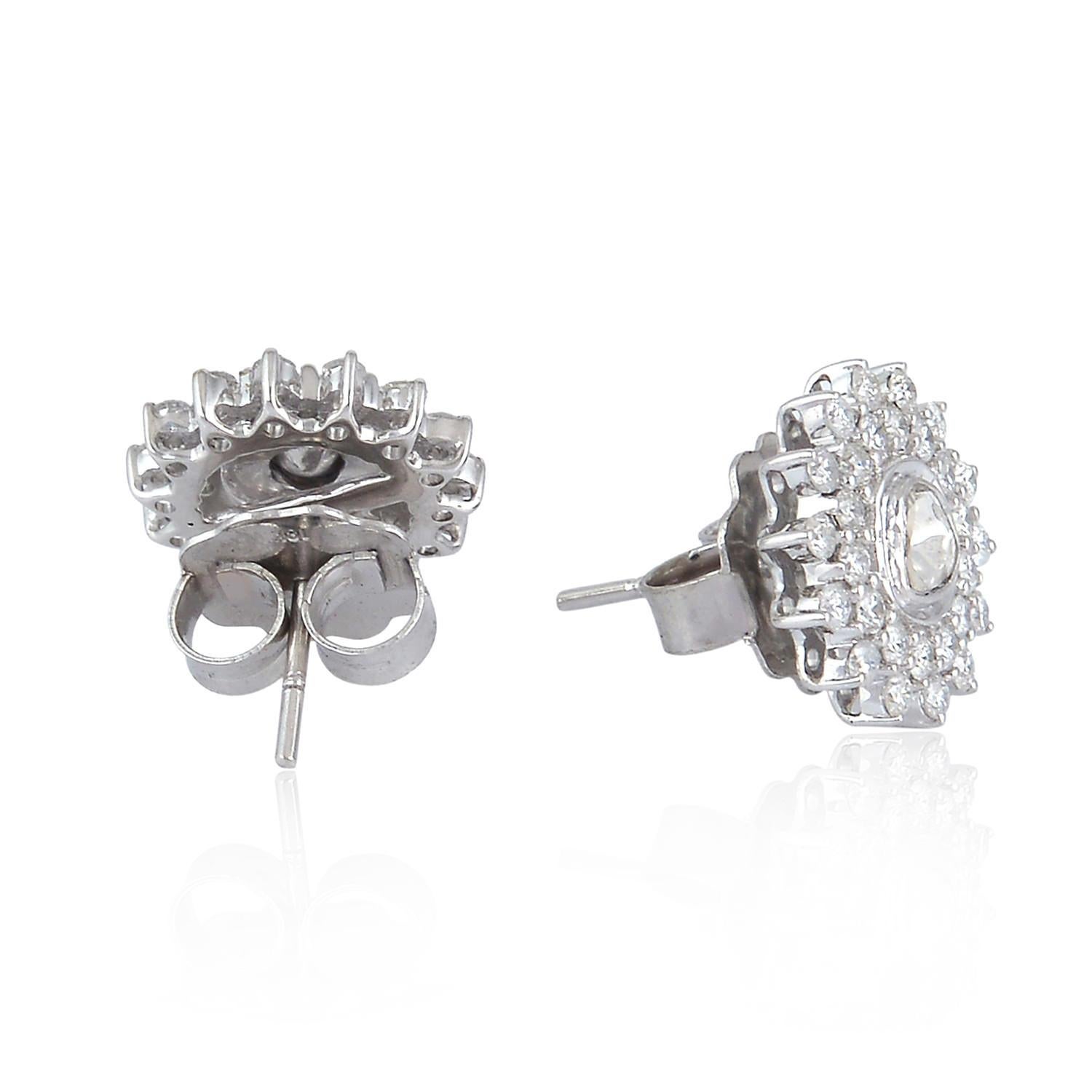Rose Cut 18 Karat Gold Diamond Floral Stud Earrings For Sale