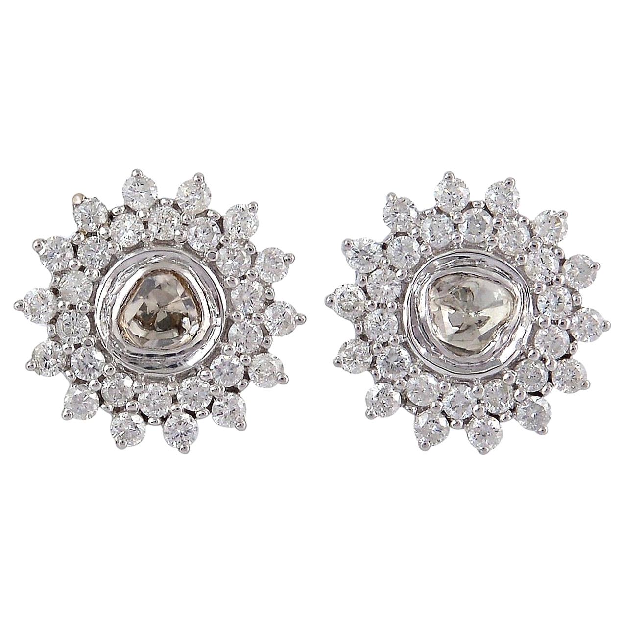 18 Karat Gold Diamond Floral Stud Earrings For Sale