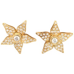 18 Karat Gold Diamond Flower Pair of Earrings Made in Italy with Box