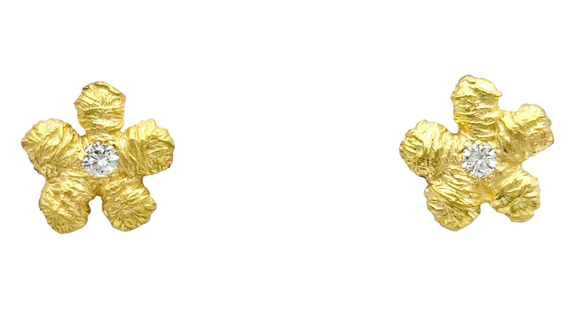 Contemporary 18 Karat Gold Diamond Flower Stud Earrings with Mismatched Hammered CZ Jackets For Sale