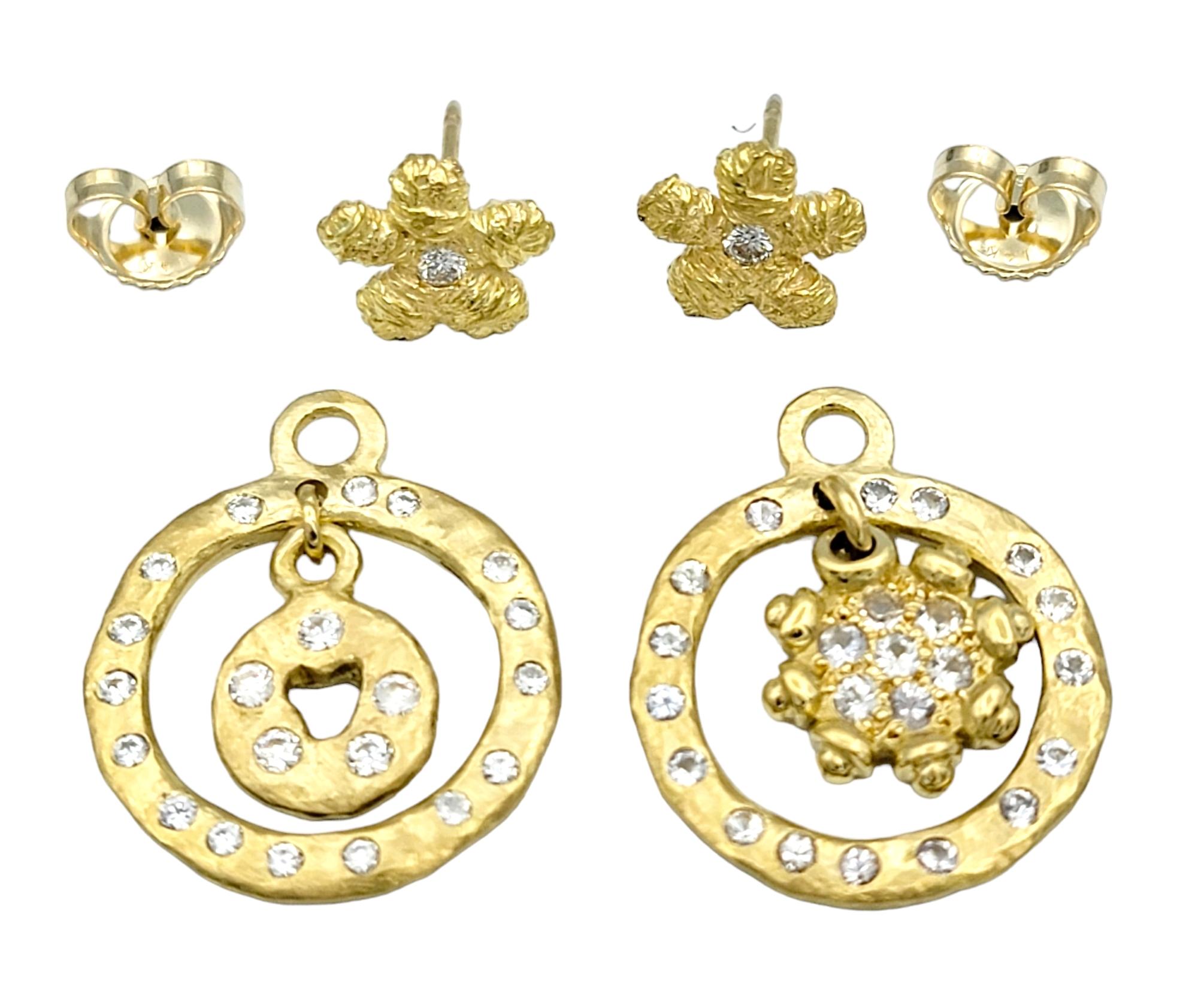 Round Cut 18 Karat Gold Diamond Flower Stud Earrings with Mismatched Hammered CZ Jackets For Sale