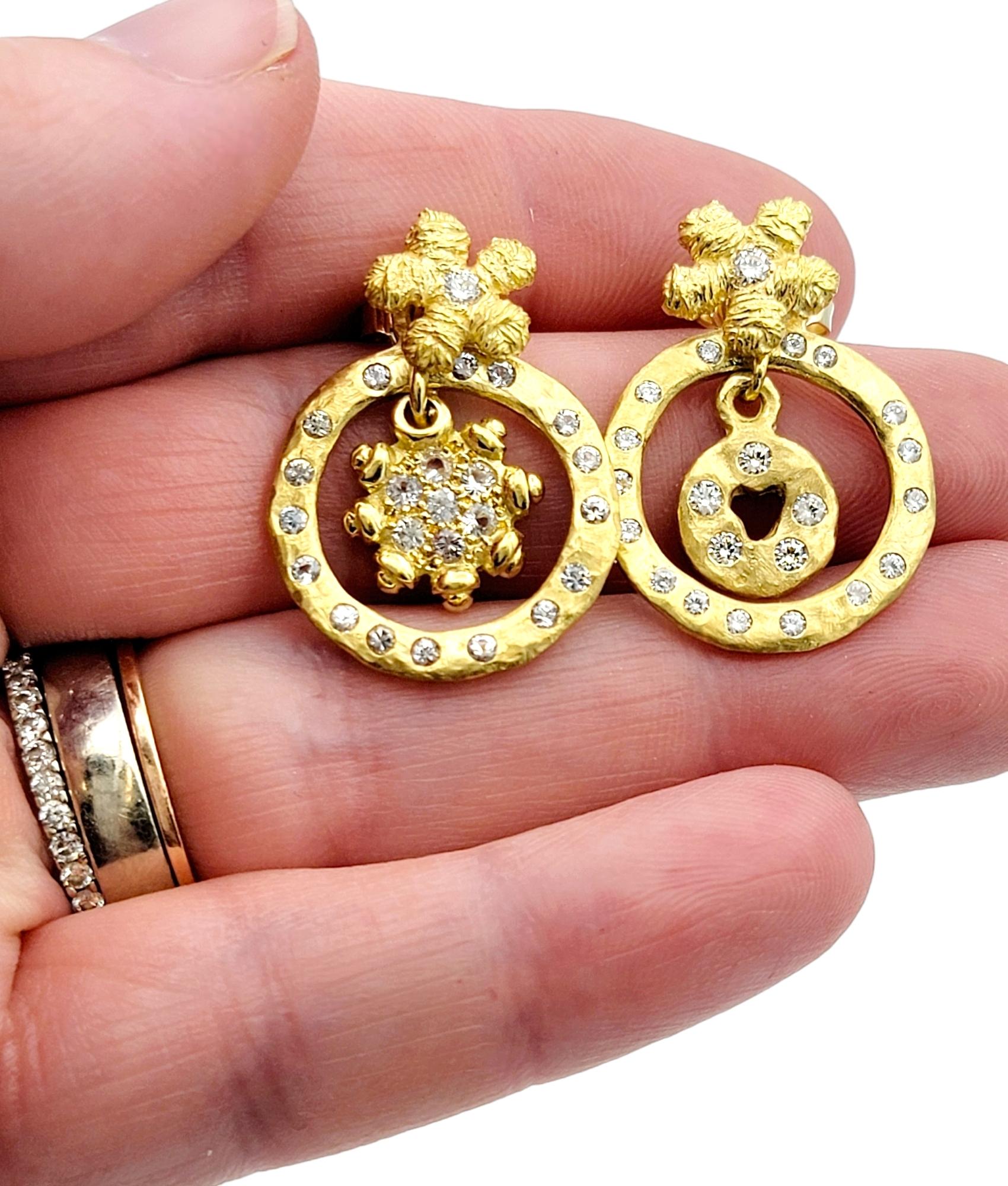 Women's 18 Karat Gold Diamond Flower Stud Earrings with Mismatched Hammered CZ Jackets For Sale