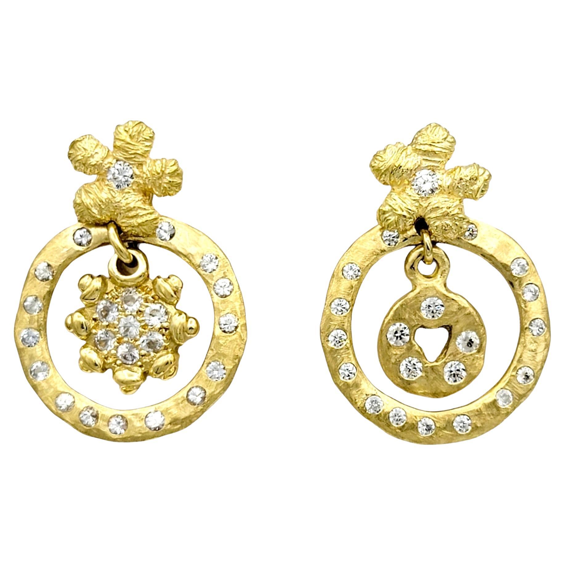 18 Karat Gold Diamond Flower Stud Earrings with Mismatched Hammered CZ Jackets For Sale