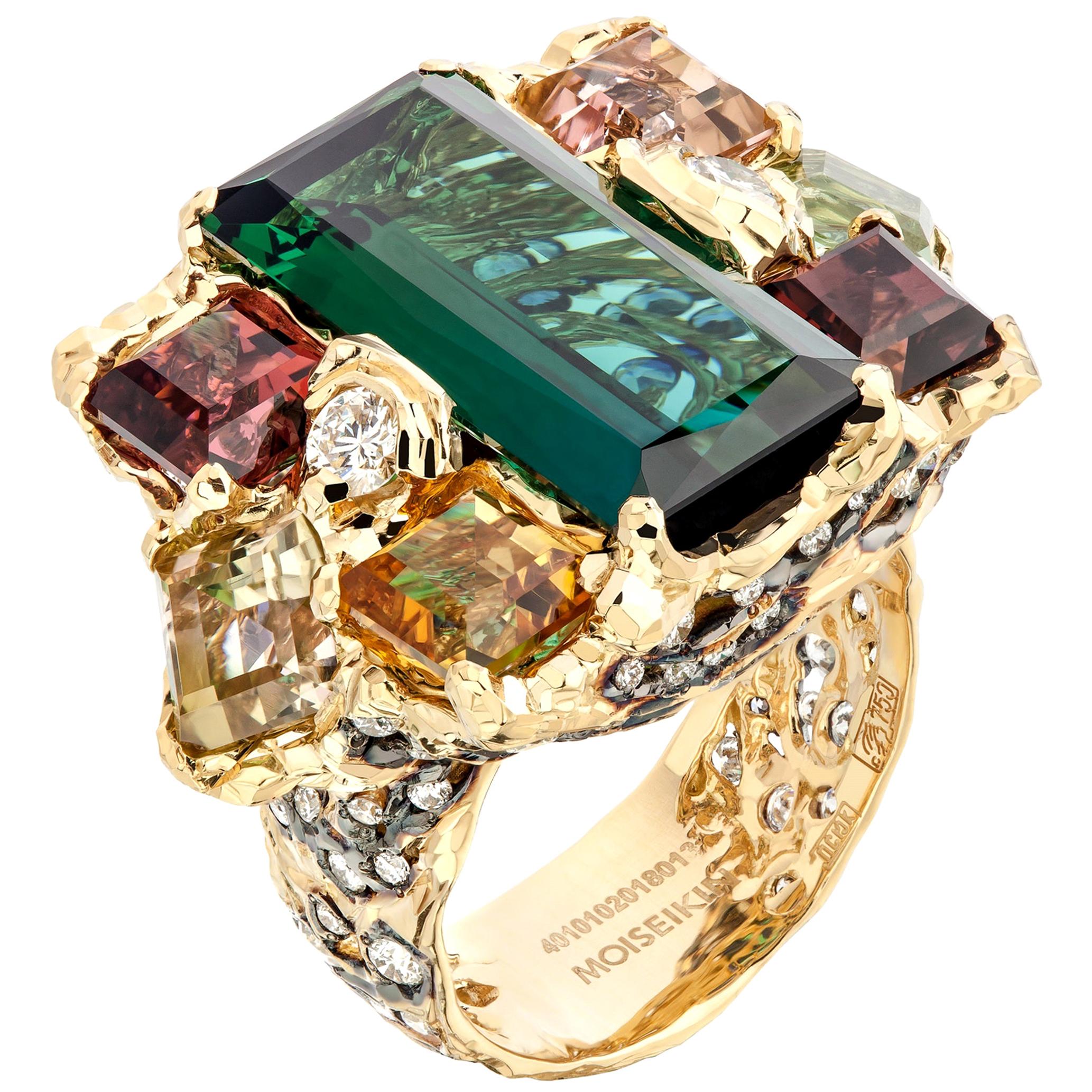 18 Karat Gold Diamond Green Tourmaline Sapphire Handmade Ring in Starry Night For Sale