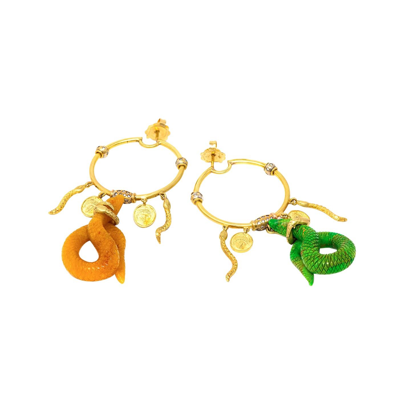 21st Century Diamond Serpent Snakes Green Turquoise Jade Coin Gold Hoop Earrings For Sale