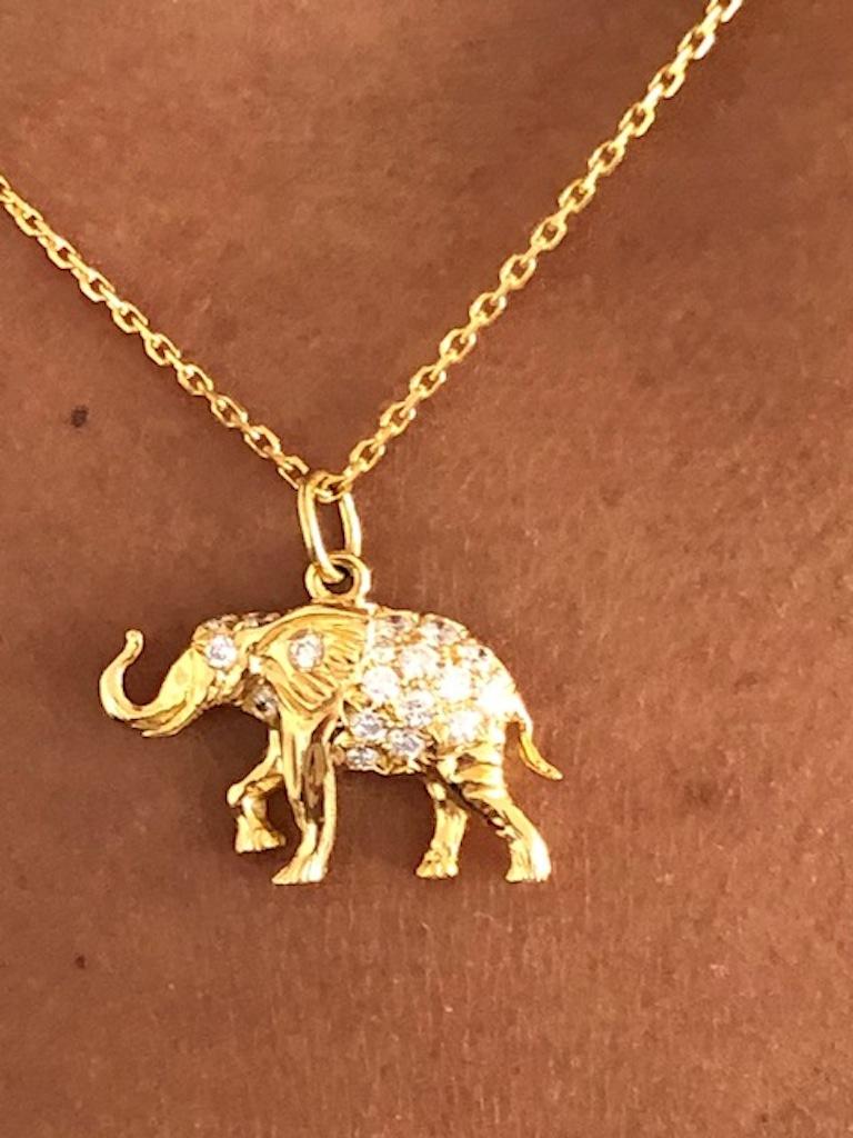 Women's 18 Karat Gold Diamond Happy Elephant Pendant Necklace For Sale