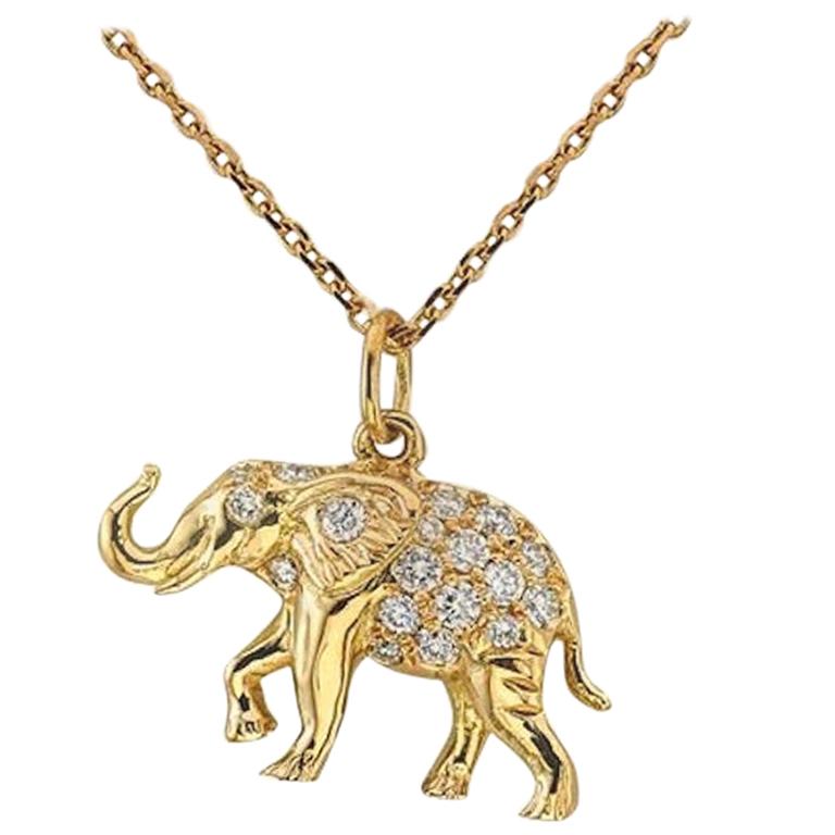 18 Karat Gold Diamond Happy Elephant Pendant Necklace For Sale