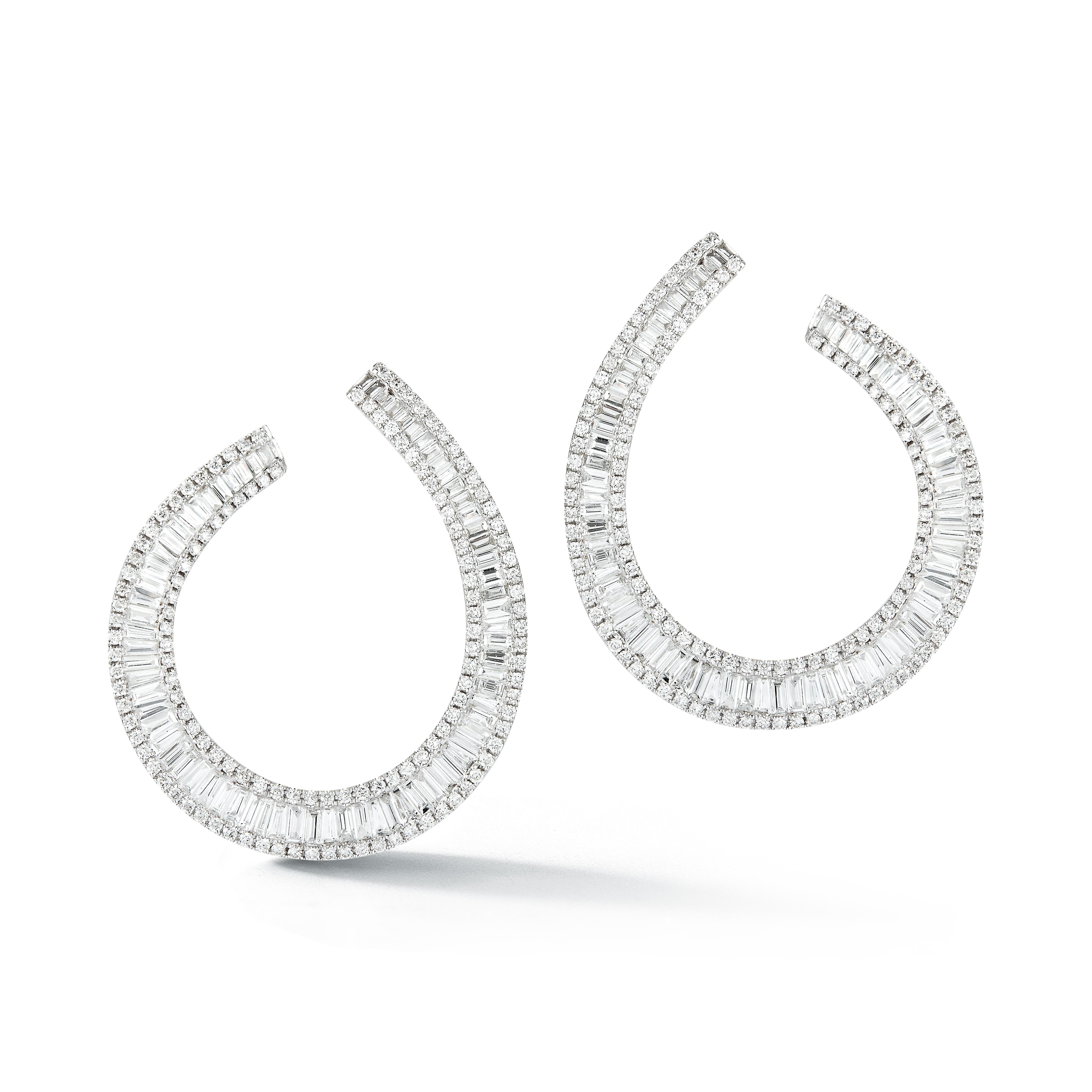 Beautiful 18K White Gold Earrings in unusual Modern Flat-Hoop design containing 260 White Round Diamonds weighing 1.15 Carats and 144 White Baguette Diamonds weighing 2.34 Carats.