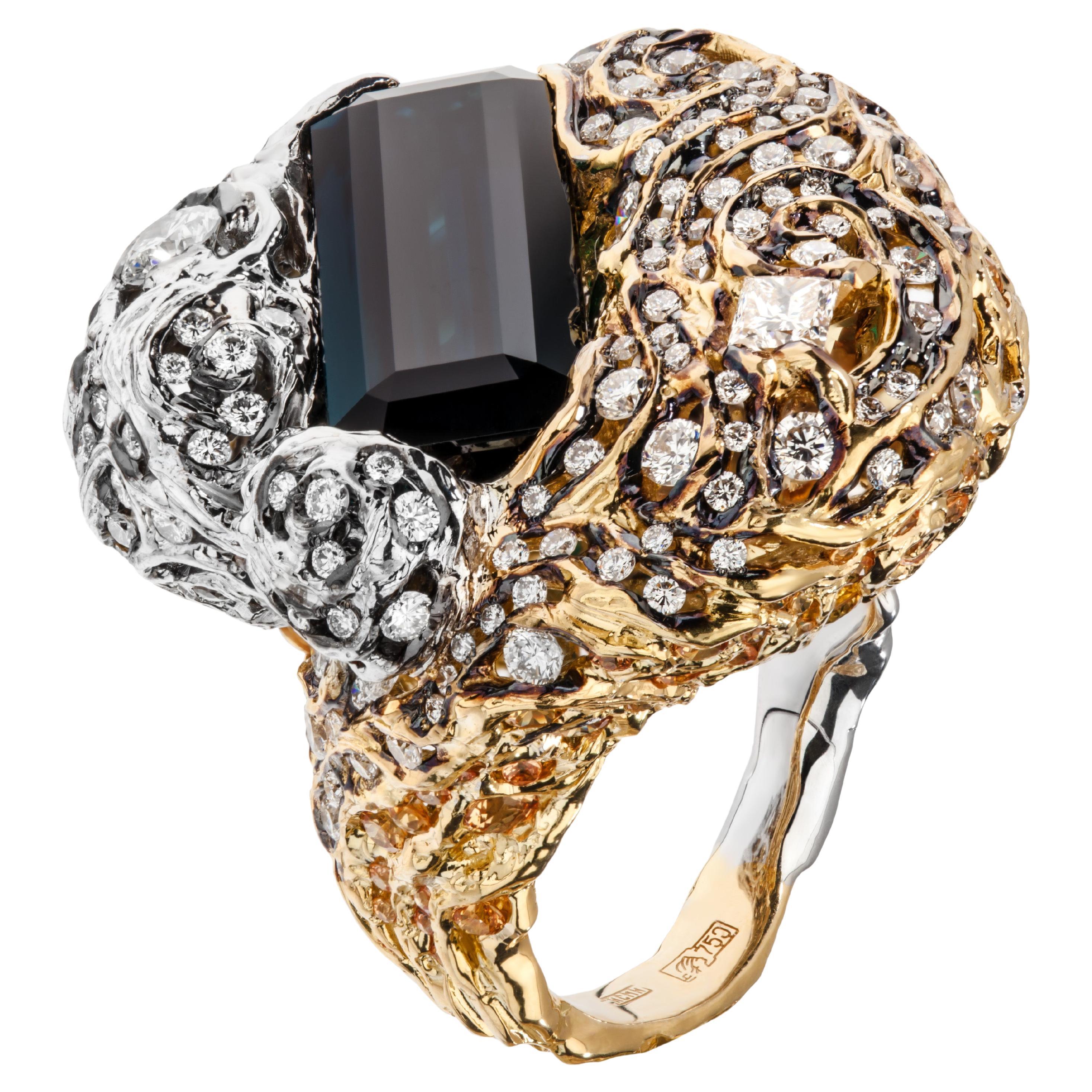 18 Karat Gold Diamond Indigo Tourmaline Handmade Ring in Starry Night For Sale