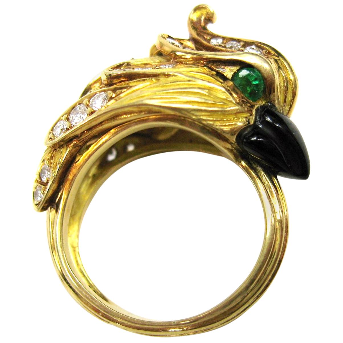 18 Karat Gold Diamond Parrot Cockatoo Bird Ring For Sale