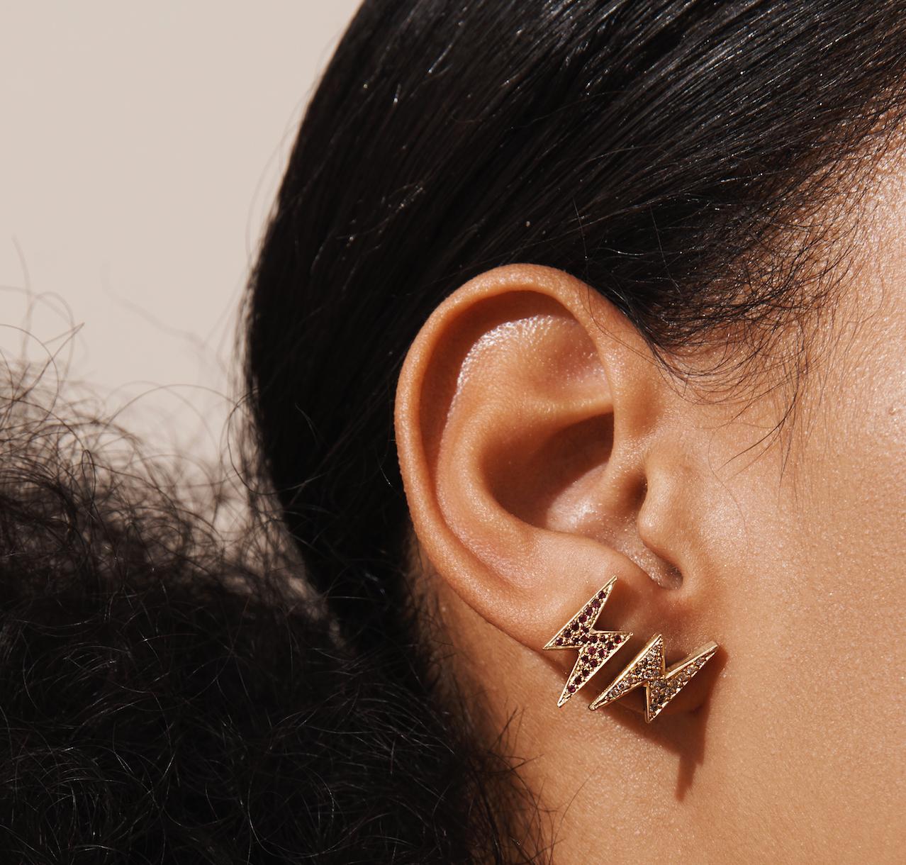 Contemporary 18 Karat Gold Diamond Pave Lightening Bolt Earrings For Sale