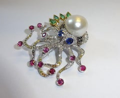 18 Karat Gold Diamond, Pearl, and Color Stones Octopus Brooch