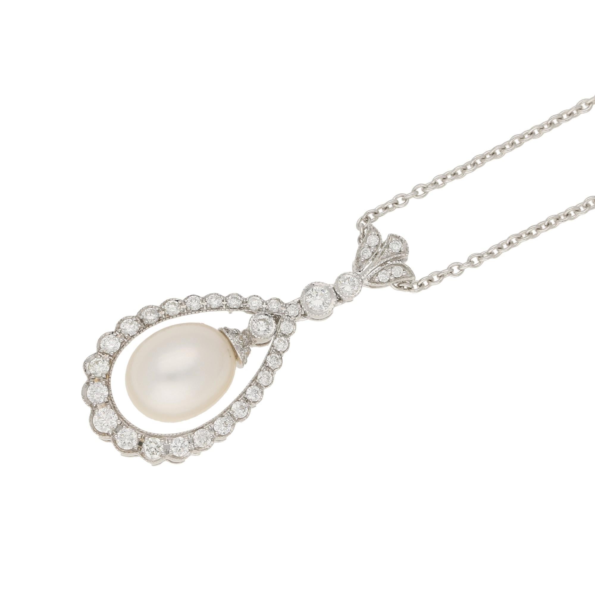 Pearl and Diamond Drop Pendant in 18ct White Gold at 1stDibs