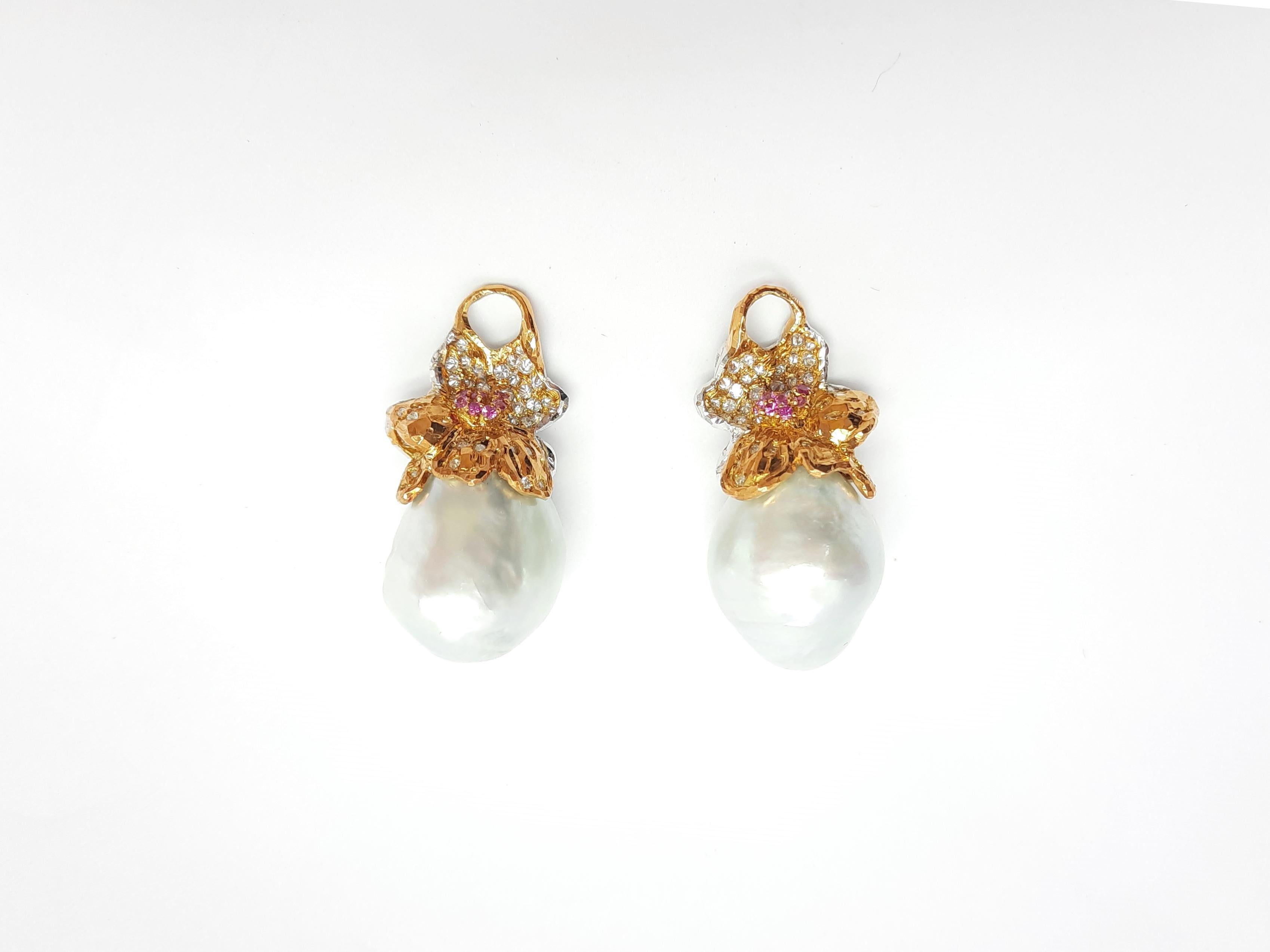 Contemporary 18 Karat Gold Diamond Pearl Transforming Earrings Handmade For Sale
