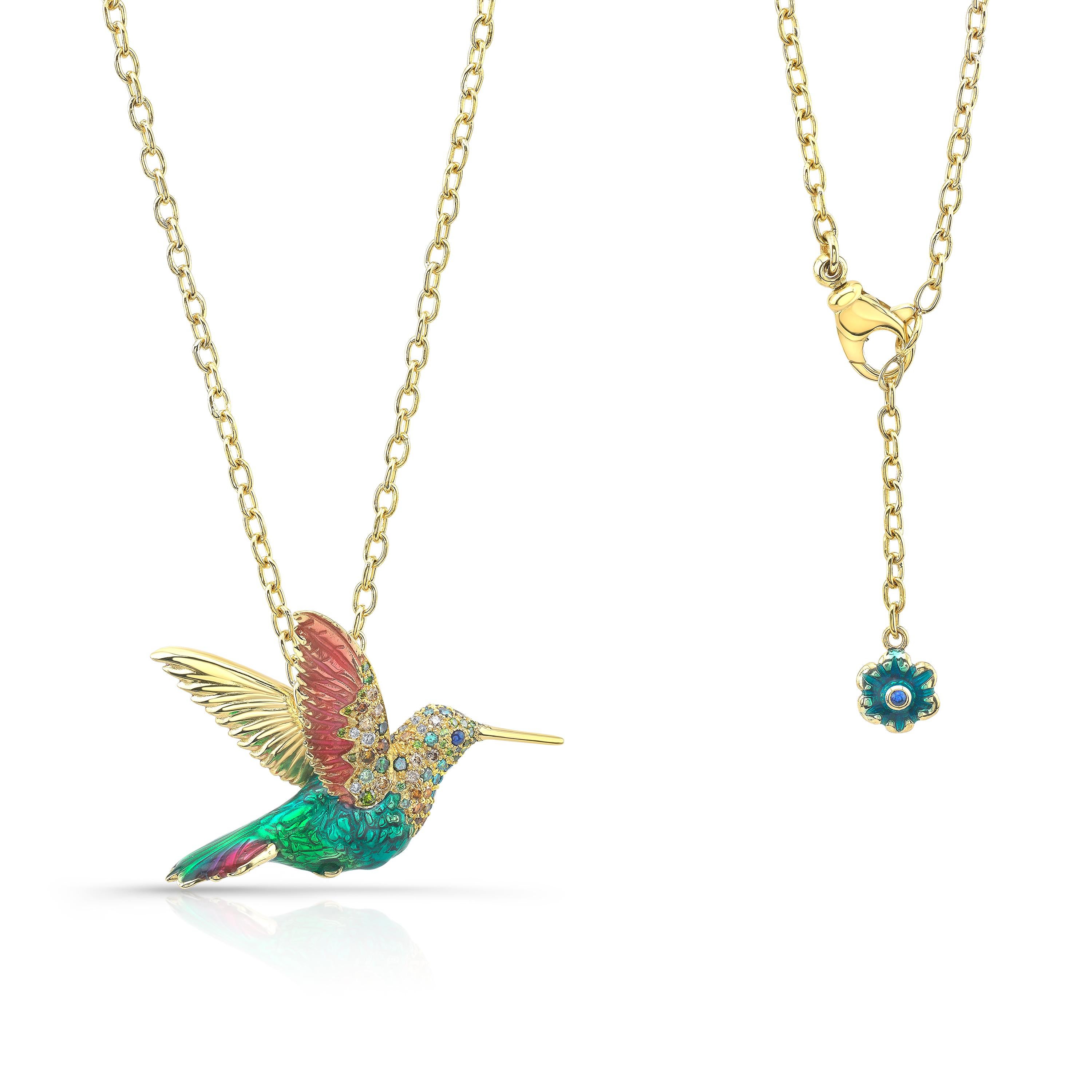 Amy Y's 18K-yellow gold, rose gold, diamond, precious colored gem and painted enamel Hummingbirds are precious pieces to represent her love of the animal kingdom.  Her attention to detail is evident in each beautiful and unique version she creates