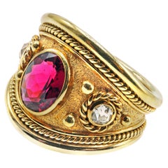 18 Karat Gold Diamond Red Tourmaline Band Ring 18 Karat Gold Diamond Red Tourmaline Band Ring
