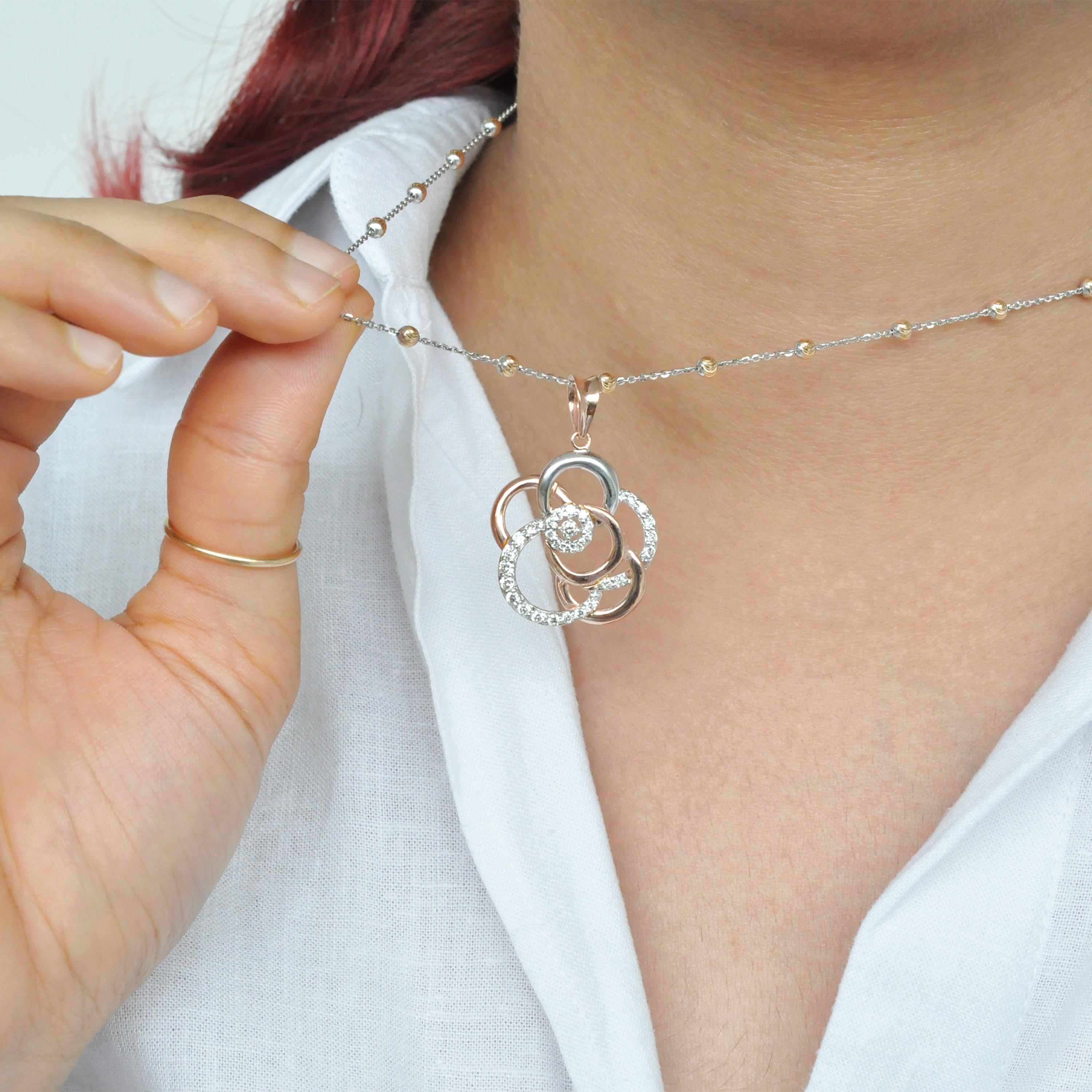 Women's 18 Karat Gold Diamond Rose Flower Pendant Necklace For Sale