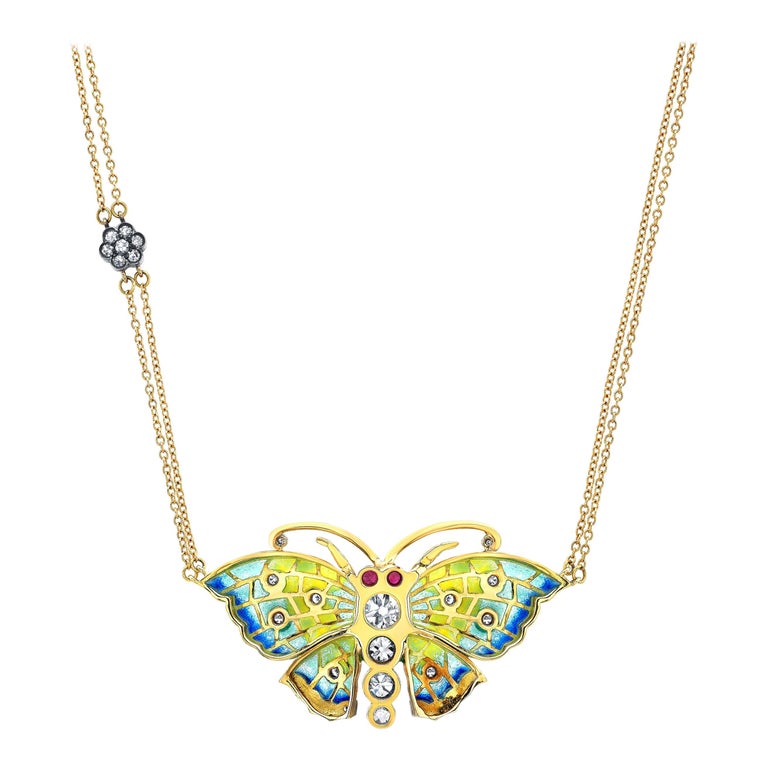 18 Karat Gold, Diamond, Ruby and Enamel Mosaic Butterfly Pendant ...