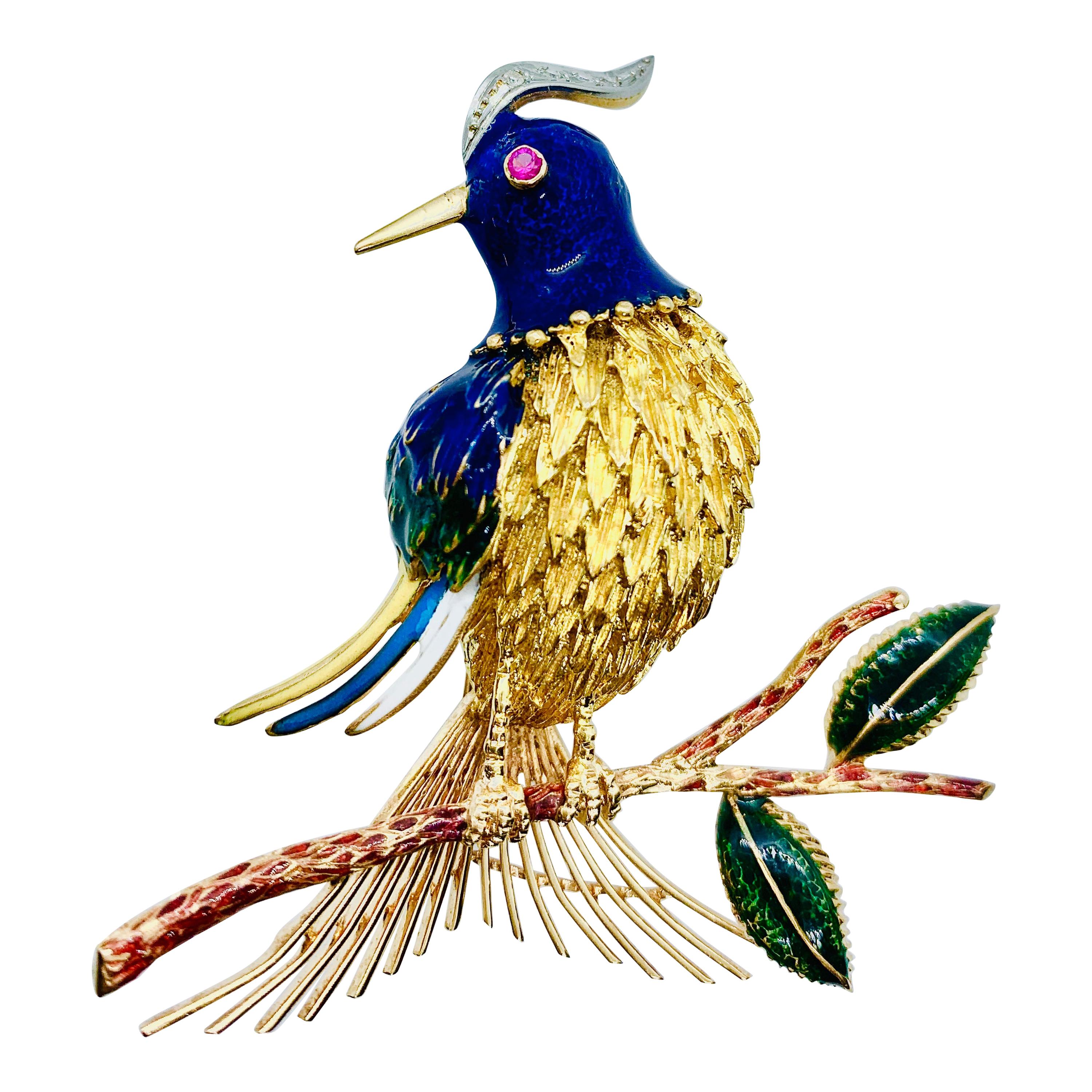 18 Karat Gold Diamond Ruby and Enamel Woodpecker "Bird on a Branch" Brooch