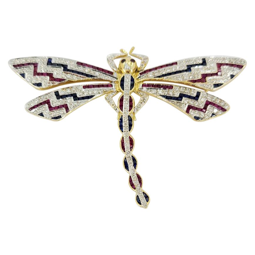 18 Karat Gold, Diamond, Ruby, and Sapphire Dragonfly Pin