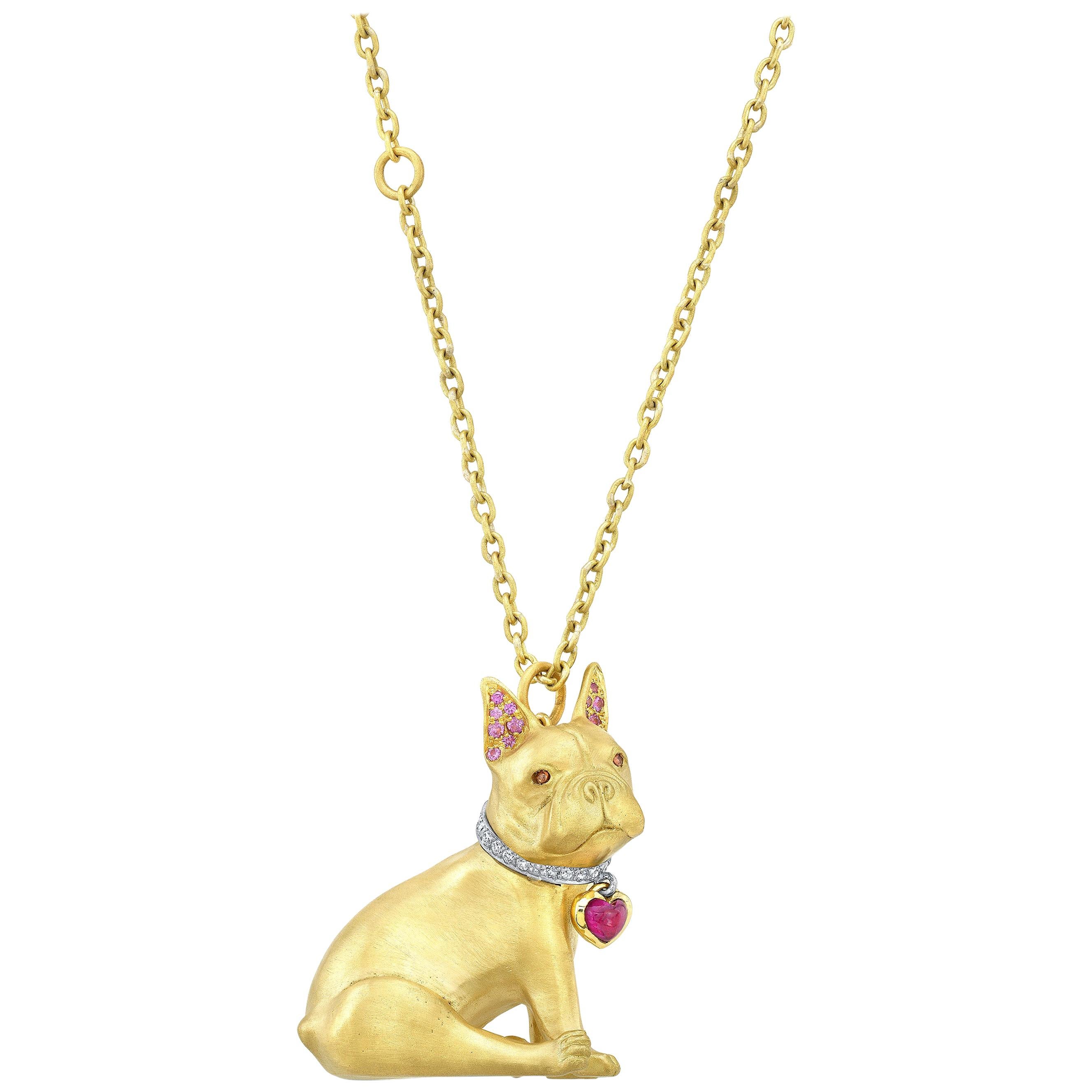 18 Karat Gold, Diamond, Ruby and Sapphire French Bulldog Pendant 'Olive'