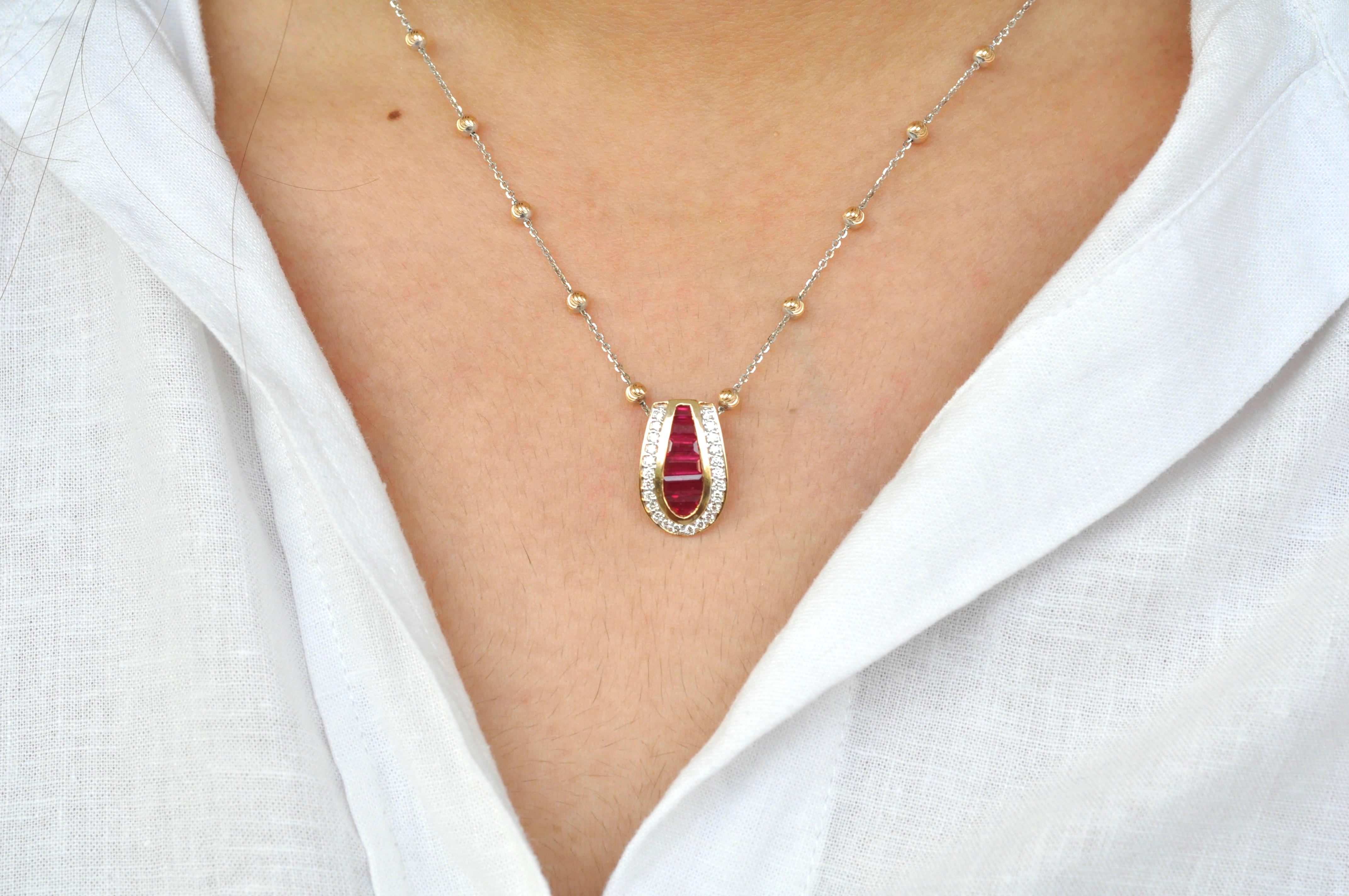 18 Karat Gold Diamond Burma Ruby Baguette Pendant Necklace Earring Ring Set 1