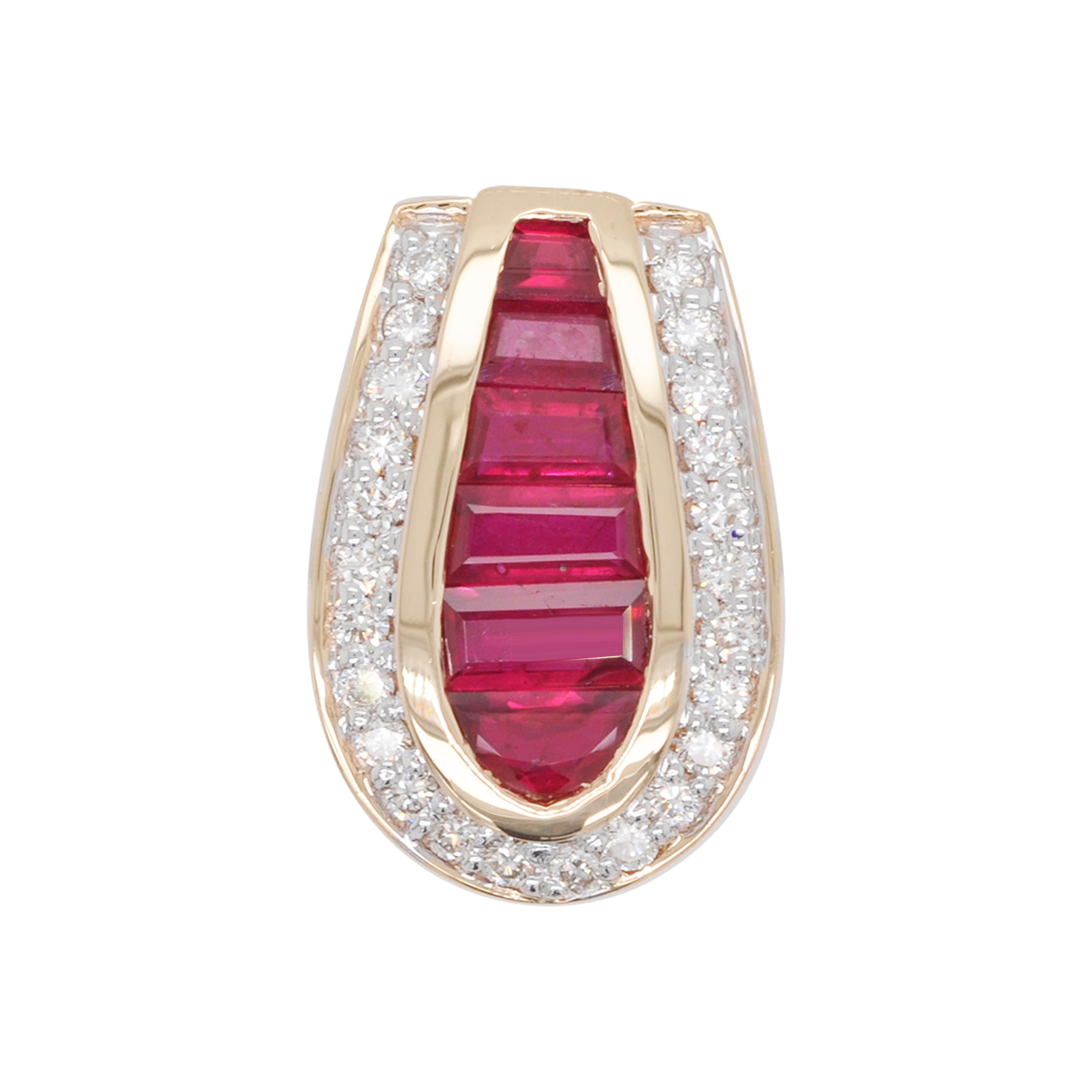 Art Deco 18 Karat Gold Diamond Burma Ruby Baguette Pendant Necklace Earring Ring Set
