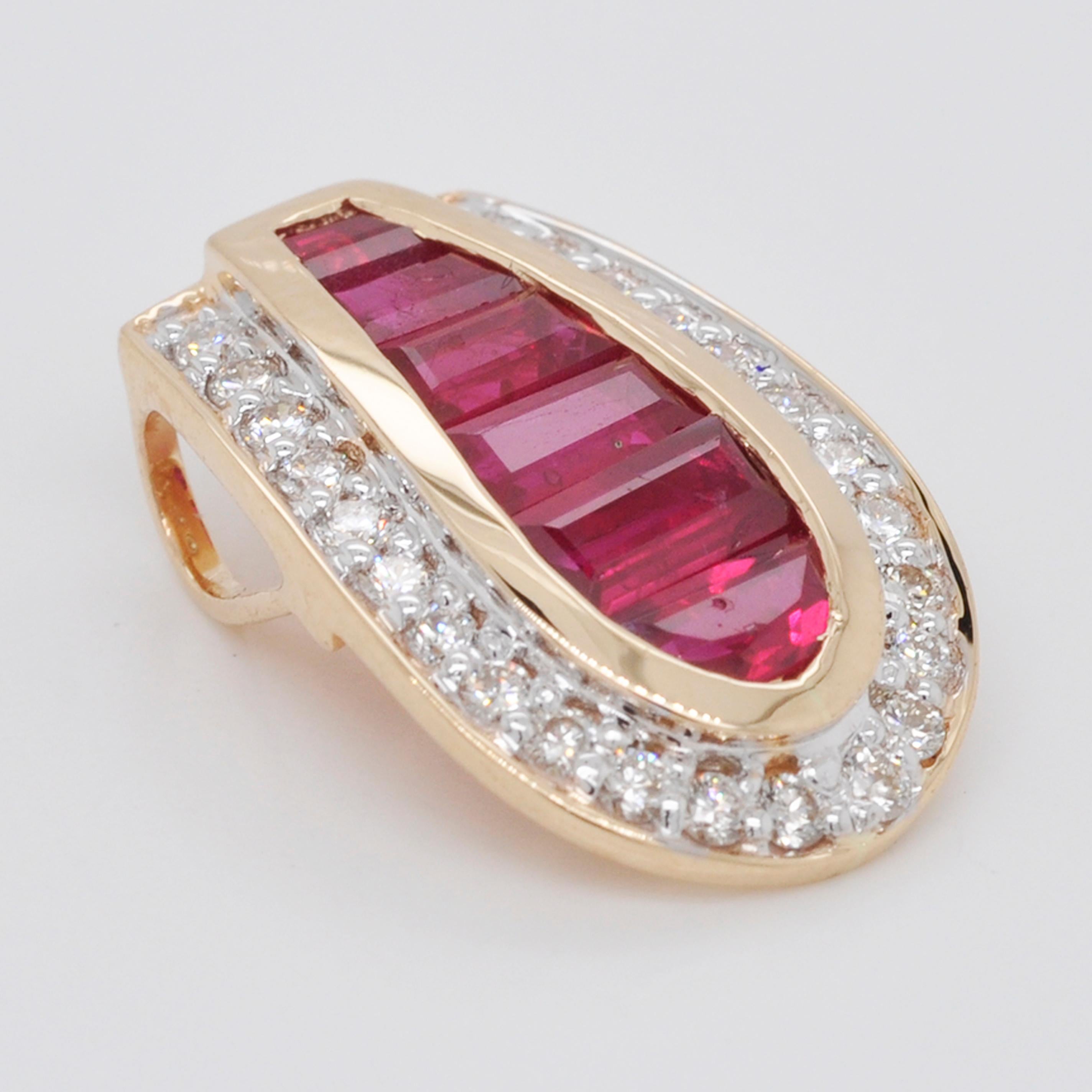 Tapered Baguette 18 Karat Gold Diamond Burma Ruby Baguette Pendant Necklace Earring Ring Set
