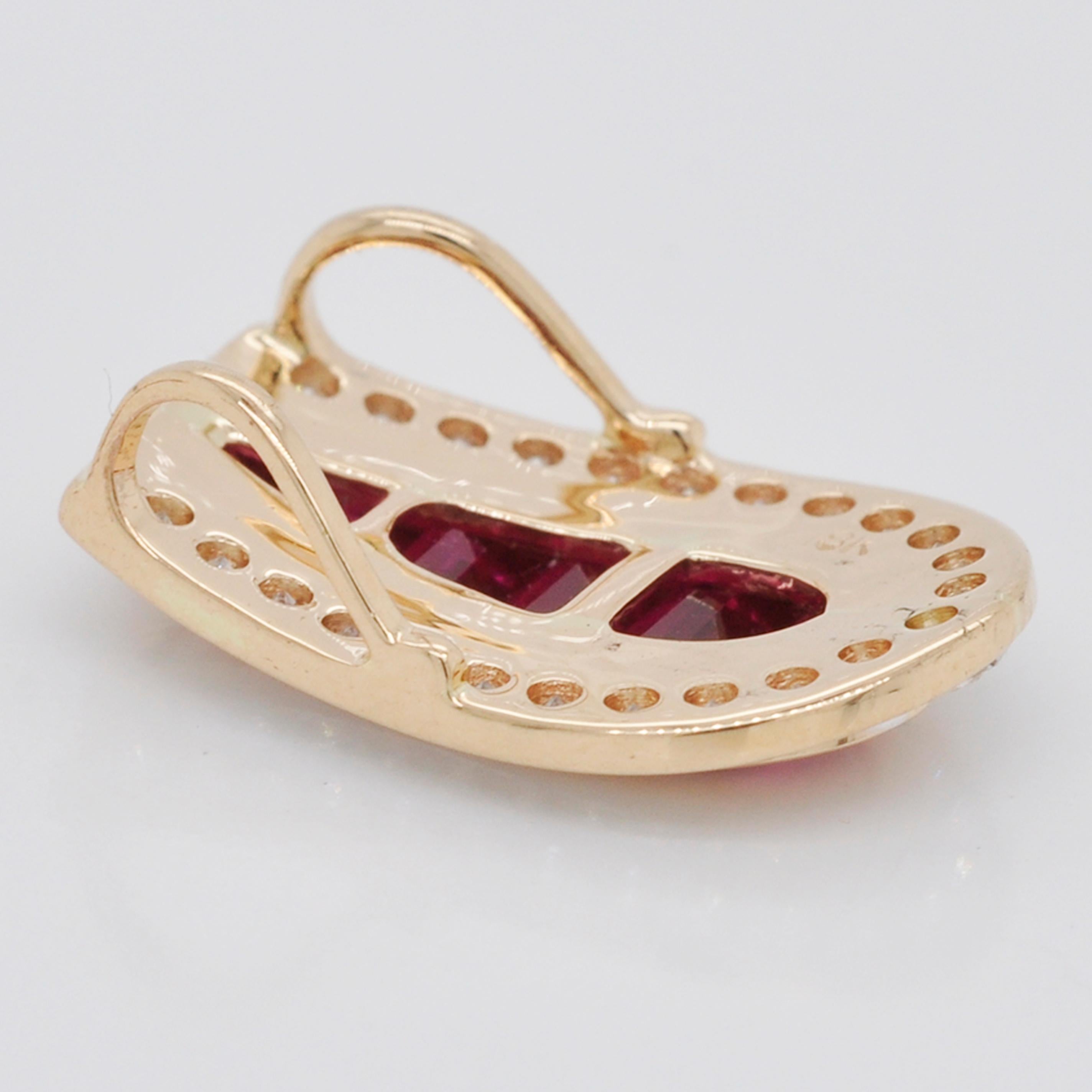 Women's 18 Karat Gold Diamond Burma Ruby Baguette Pendant Necklace Earring Ring Set