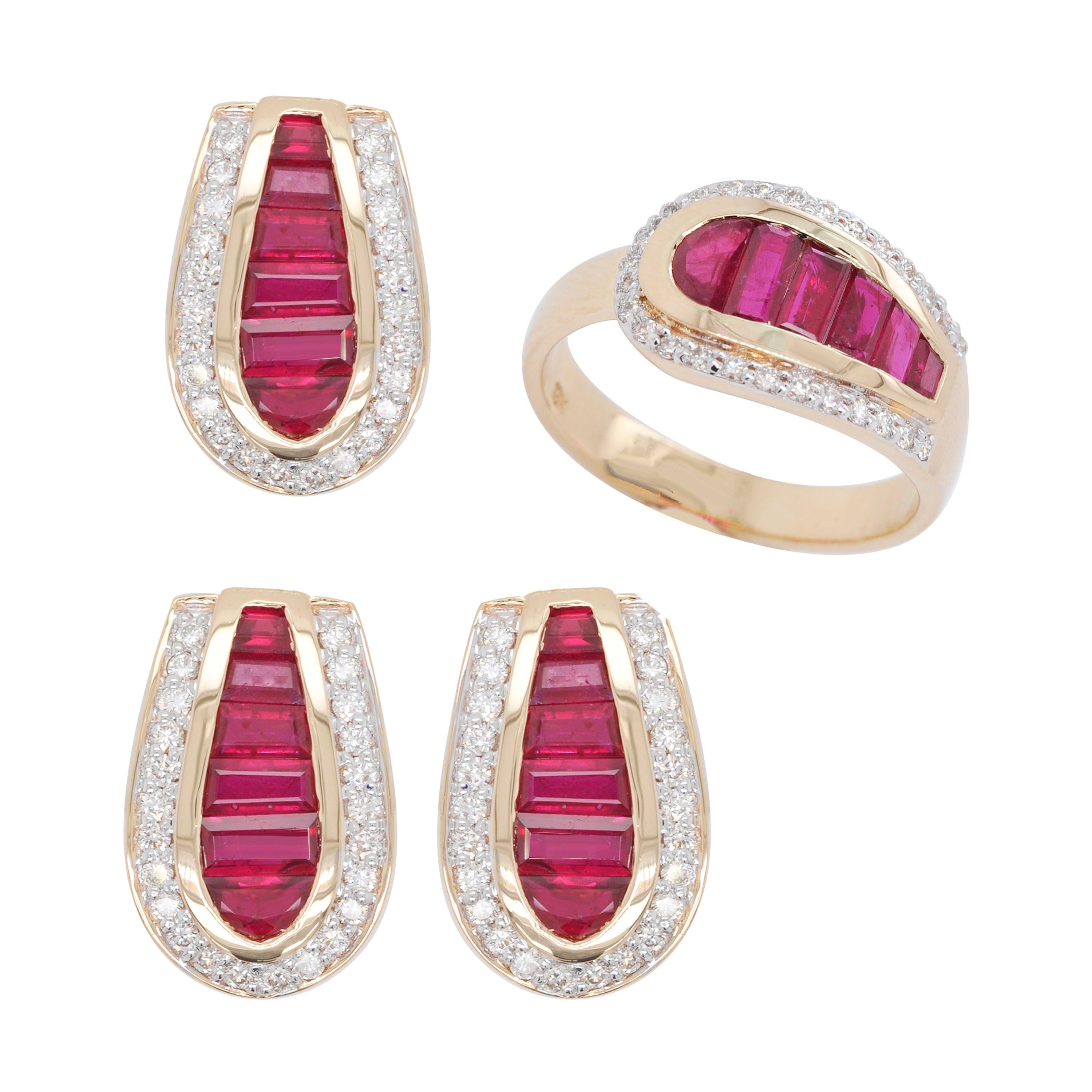 18 Karat Gold Diamond Burma Ruby Baguette Pendant Necklace Earring Ring Set