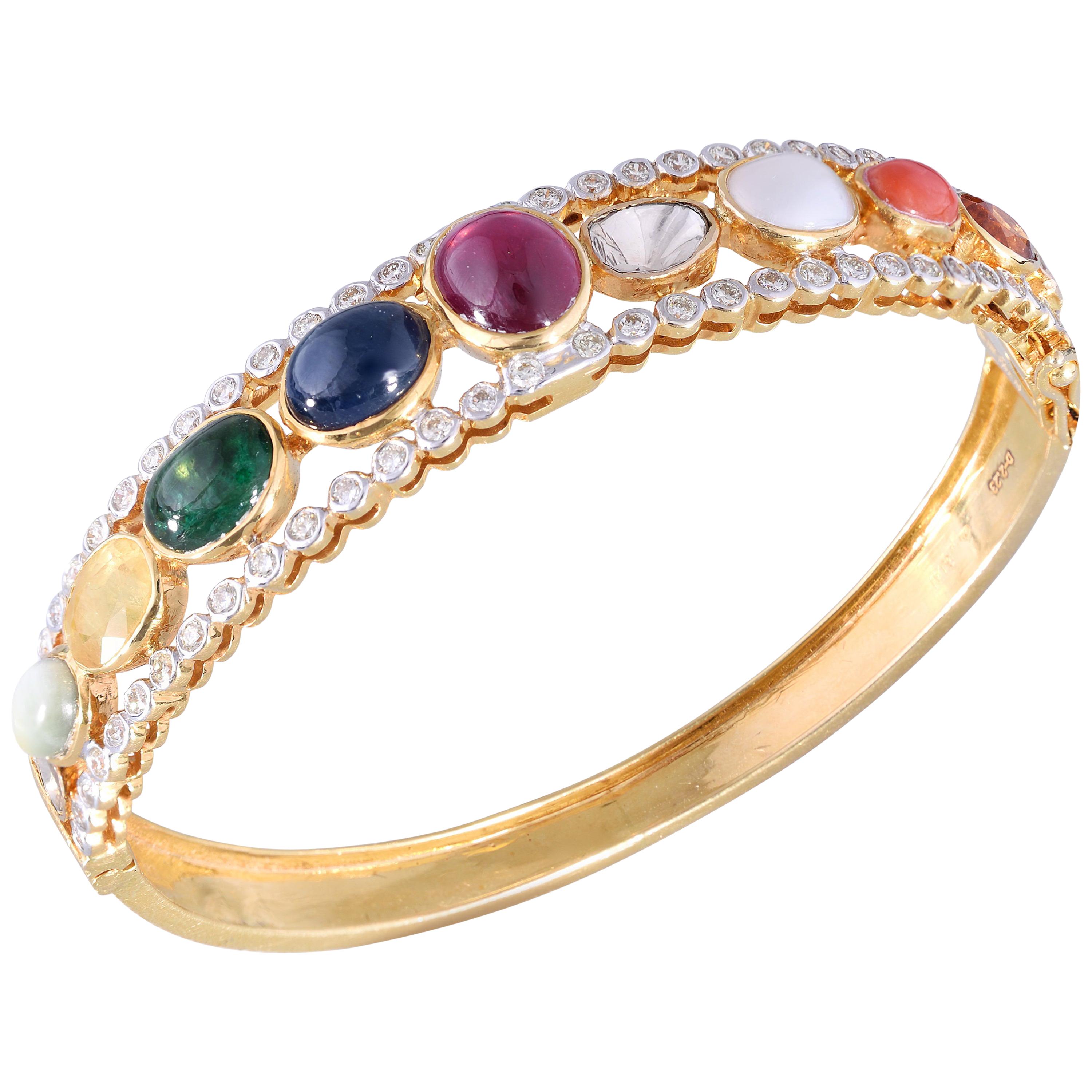 18k Gold Garnet Emerald Sapphires Catseye Pearl Coral Ruby Diamond Bracelet For Sale